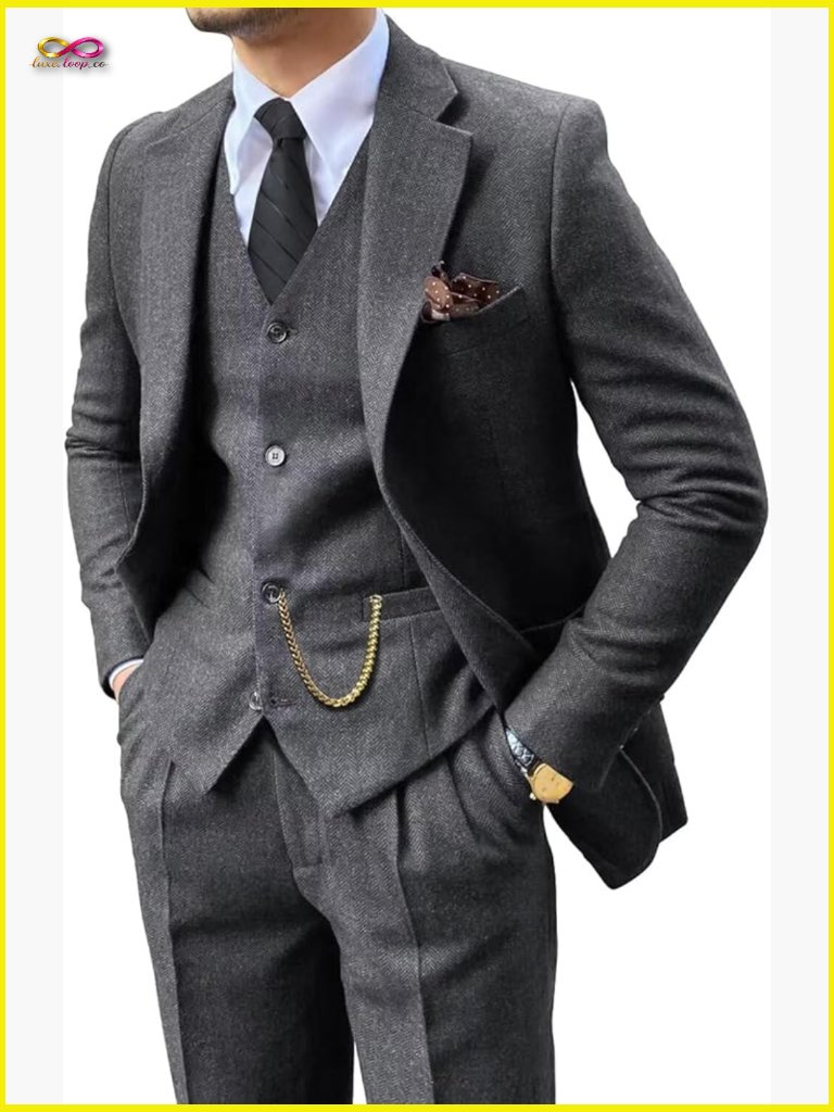 Classic Herringbone Tweed Suit Slim Fit Three Piece Set Formal Business